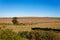 Farmlands along the Garden Route in the Western Cape, South Africa, showing tractors plowing a field.