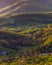 Farms and houses in the Shenandoah Valley, seen in Shenandoah National Park, Virginia.