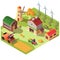 Farmyard with buildings and machines vector