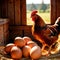 Farmyard free range hen laying huge jumbo fresh organic eggs in outdoor farm environment