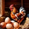 Farmyard free range hen laying huge jumbo fresh organic eggs in outdoor farm environment