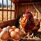 Farmyard free range hen laying huge jumbo fresh organic eggs in outdoor farm environment