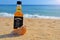 Faro, Portugal - 12/10/2018: little bottle Jack Daniels whiskey in the ocean shells stand on the sand. Alcoholic party in a