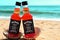 Faro, Portugal - 12/10/2018: Two little bottles new type of whiskey Jack Daniels in the ocean shells stand on the sand. Alcoholic