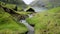 Faroe Islands, Denmark archipelago. Saksun village, river and lake.