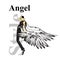 Fashion angel look. Beautiful young woman with wings in a black suit. Hand drawn fashion girl. Fashion model posing. Sketch.