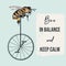 Fashion apparel print bee on bicycle. Be in balance, keep calm