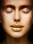 Fashion Art Makeup, Creative Beauty Face Lips Make Up, Gold Lipstick Closed Eyes in Color Dust Paint
