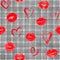 Fashion background with watercolor red hearts and lips on grey plaid stripes seamless pattern