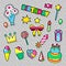Fashion Badges, Patches, Stickers Birthday Theme. Happy Birthday Party Elements in Comic Style with Cake, Balloons and Gifts