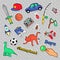 Fashion Badges, Patches, Stickers Boys Theme. Toys, Sports, Car and Music Recorder in Comic Style
