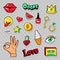 Fashion Badges Set with Patches, Stickers, Lips, Heart, Star, Hand in Pop Art Comic Style