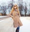 Fashion beautiful young blonde woman wearing coat jacket and sunglasses in winter city