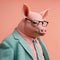 Fashion boar pig in suit. Pink monochrome portrait. Generative AI