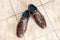 Fashion brown men`s shoes on a light brown ceramic tiles