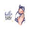 Fashion card for newborns, baby girl in hands, hello baby, in doodle