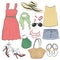 Fashion casual woman summer dress clothes and accessories collection set.