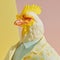 Fashion chicken rooster in suit. Yellow pastel color.. Generative AI