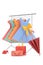 Fashion clothes: doll rack and hangers made of wire with ladies paper dresses, umbrella, purse, handbag and shoes