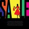 Fashion and clothes sale vector banner, poster template. Woman in red dress and typography on colorful background. Black