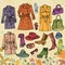 Fashion clothes set.Autumn woman wear, leaves