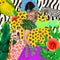 Fashion collage art. Brunette Lady holding palm leaf in fashion tiger print bodysuit and zebra boots. Tropical jungle wild