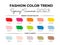 Fashion Color Trend Spring Summer 2023. Trendy colors palette guide. Fabric swatches with color names. Easy to edit