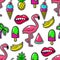 Fashion cute patch set or fabric pins for girls with ice cream and pineapple, watermelon palm tree vector elements