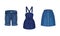 Fashion denim clothes set. Trendy female shorts, skirt, dress vector illustration