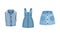 Fashion denim clothes set. Trendy female vest, skirt, dress vector illustration