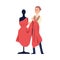 Fashion designer and tailor holding red dress muslin on dummy mannequin