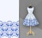 Fashion embroidery fabric printed dress on a black mannequin. Dress clothes realistic 3d mock up. Seamless blue Flower pattern in