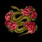 Fashion embroidery with green snake and roses. Trendy illustration with animal and flowers on a dark background.