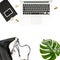 Fashion flat lay Office desk Notebook green leaf Laptop