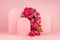 Fashion floral abstract stage with tiny pink roses as arch, three empty rounded doors as podiums mockup on pink background.