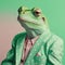 Fashion frog in polka dot suit. Green monochrome portrait. Generative AI