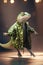 A fashion gecko or lizard dressed in a green raincoat at fashion podium. AI generative image.