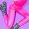 Fashion Girl in pink overalls  and zebra heel boots. Club Disco party style 90s. Minimal concept