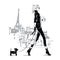 Fashion girl in sketch style with a small doggie in Paris