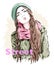 Fashion girl wearing modern knit cap and jacket. Street style clothes. Sketch.