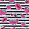 Fashion girlish seamless pattern with hearts, lips, strawberry, watermelon, sunglasses, bow. Striped background in cartoon 80s-90s