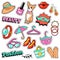 Fashion Girls Badges, Patches, Stickers - Comic Bubble, Dog, Lips and Clothes in Pop Art Comic Style