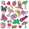 Fashion Girls Badges, Patches, Stickers - Flamingo Bird, Pizza Parrot and Heart in Comic Style