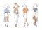 Fashion girls set. Hand drawn creative illustration with lovely color girls in casual clothes with bags, shoes. on