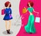 Fashion girls with shopping bags. We love shopping banner, Fashion girl cartoon character