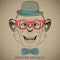 Fashion Hand Drawing Illustration of Monkey in Glasses, Bow Tie and Bowler Hat. Hipster look. Retro vintage style. Doodle style
