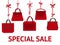 Fashion handbag sale. Red Christmas bag hanging on ribbon. Beautiful female accessories. Spring style promotion flyer