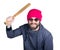 Fashion hipster cool man in sunglasses and colorful clothes brandishing a baseball bat