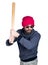 Fashion hipster cool man in sunglasses and colorful clothes brandishing a baseball bat