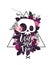 Fashion illustration depicting cute cartoon skull and blooming roses on the background.